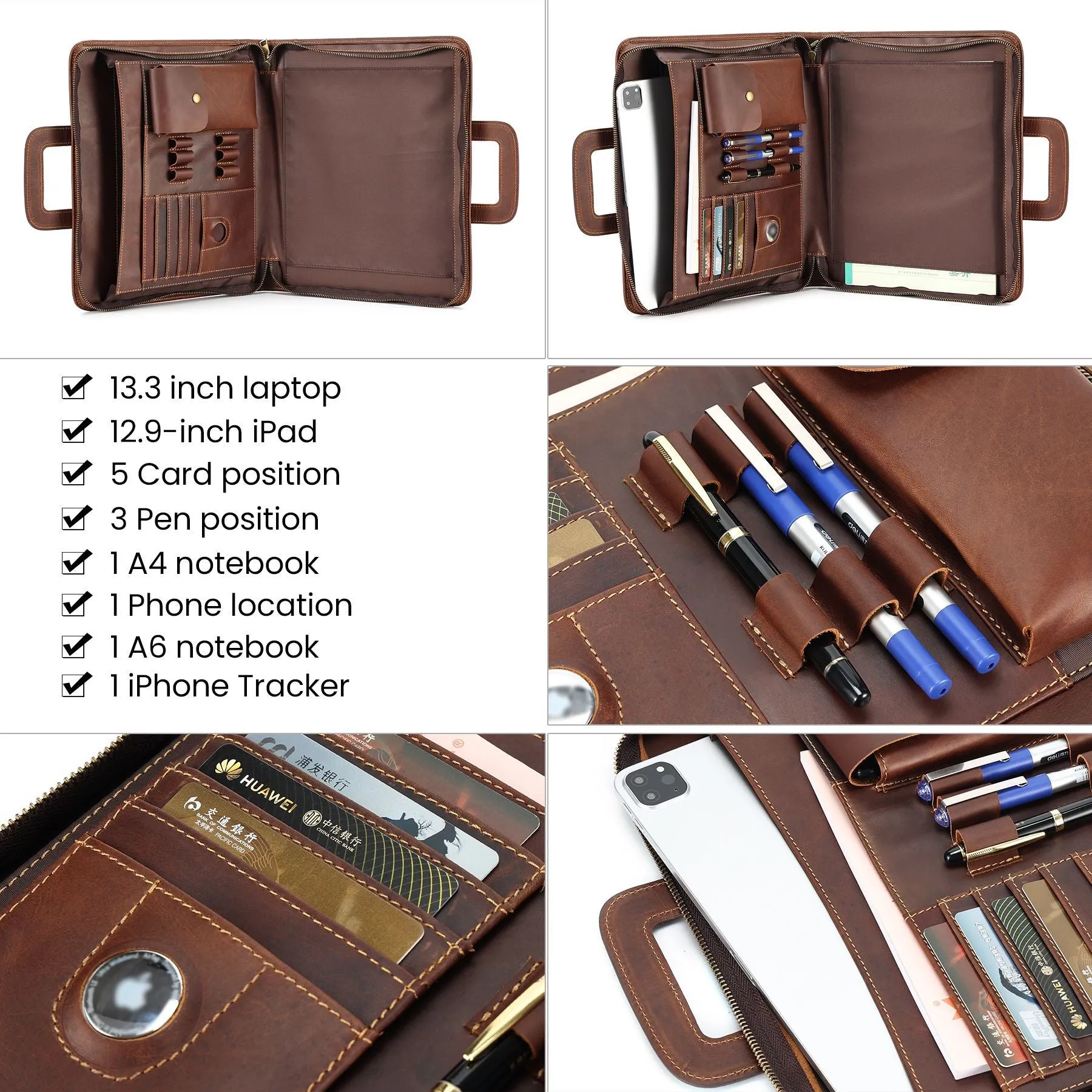 13.3"  Leather Laptop Bag, Leather Portfolio Binder for Men