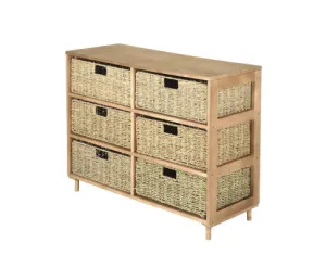 6 Drawer Natural Seagrass Wooden Storage Chest Stylish 66cm