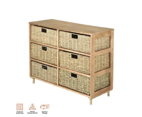 6 Drawer Natural Seagrass Wooden Storage Chest Stylish 66cm