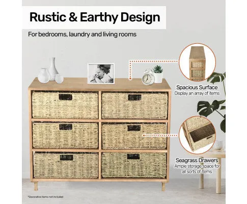 6 Drawer Natural Seagrass Wooden Storage Chest Stylish 66cm