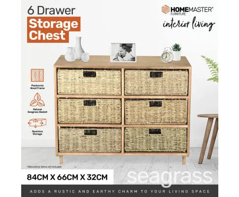 6 Drawer Natural Seagrass Wooden Storage Chest Stylish 66cm