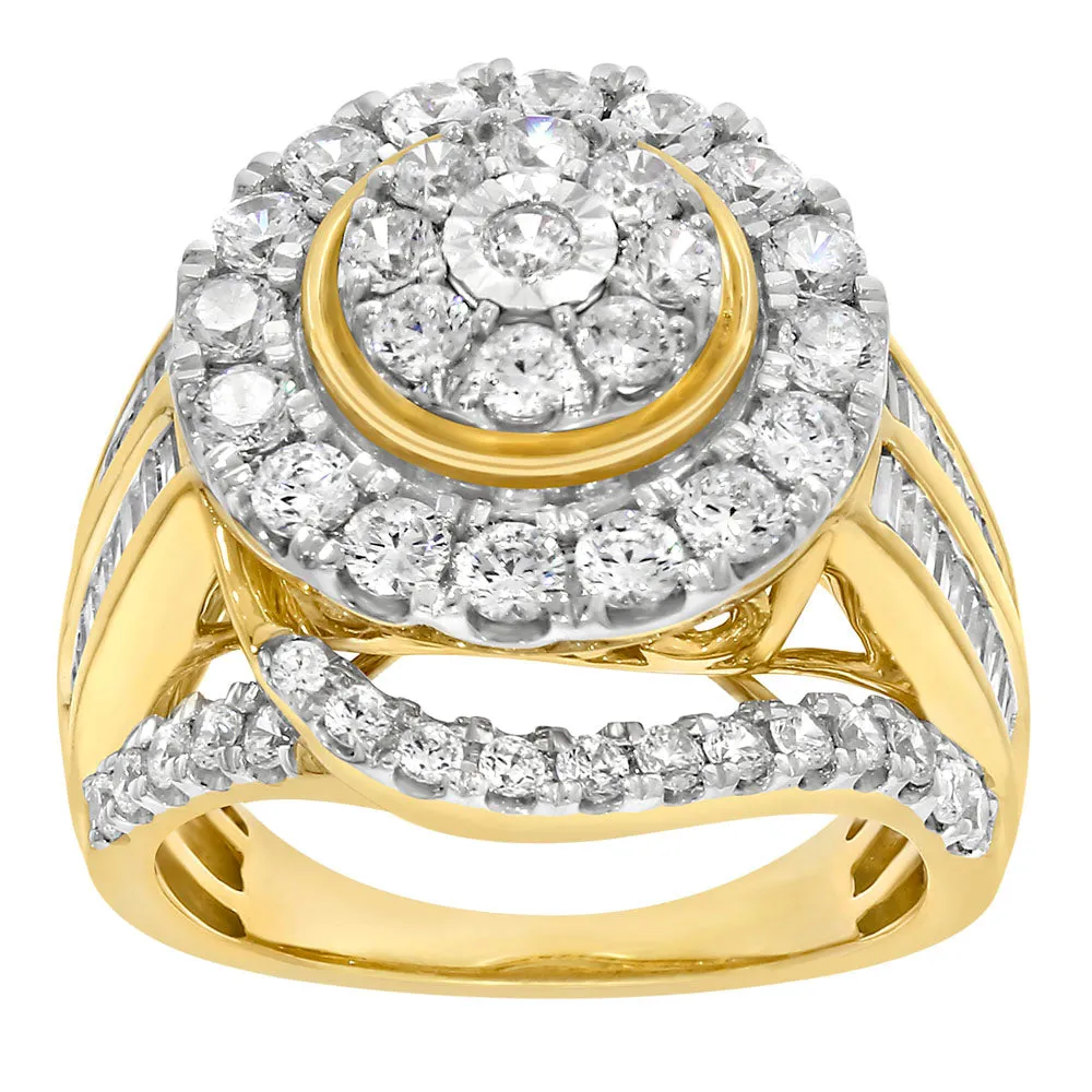 9ct Yellow Gold 3.05 Carat Diamond Ring with Brilliant and Tapered Baguette Diamonds