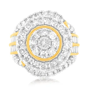 9ct Yellow Gold 3.05 Carat Diamond Ring with Brilliant and Tapered Baguette Diamonds