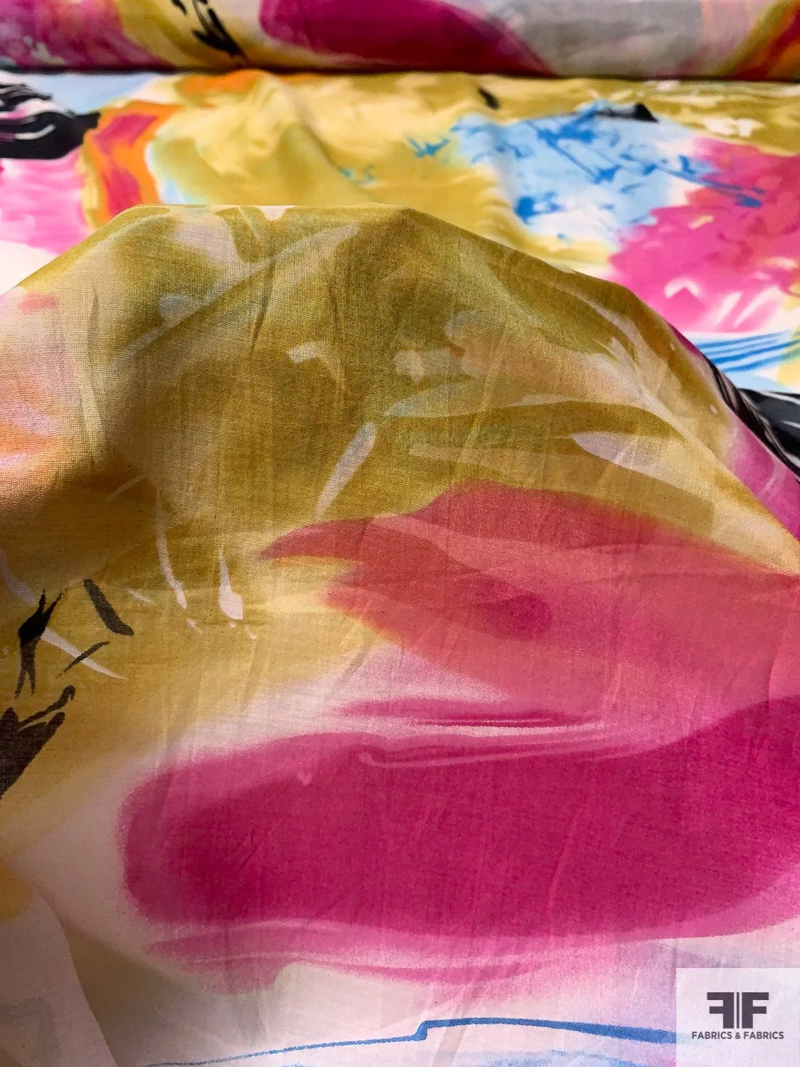 Abstract Painterly Printed Cotton and Silk Voile - Magenta / Blue / Lime / White