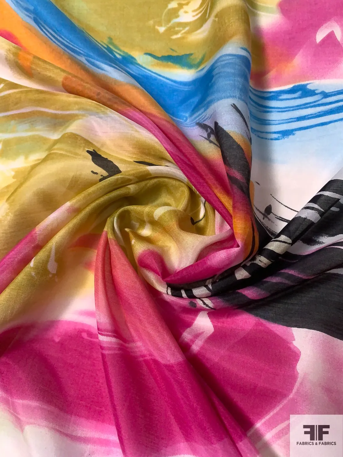 Abstract Painterly Printed Cotton and Silk Voile - Magenta / Blue / Lime / White