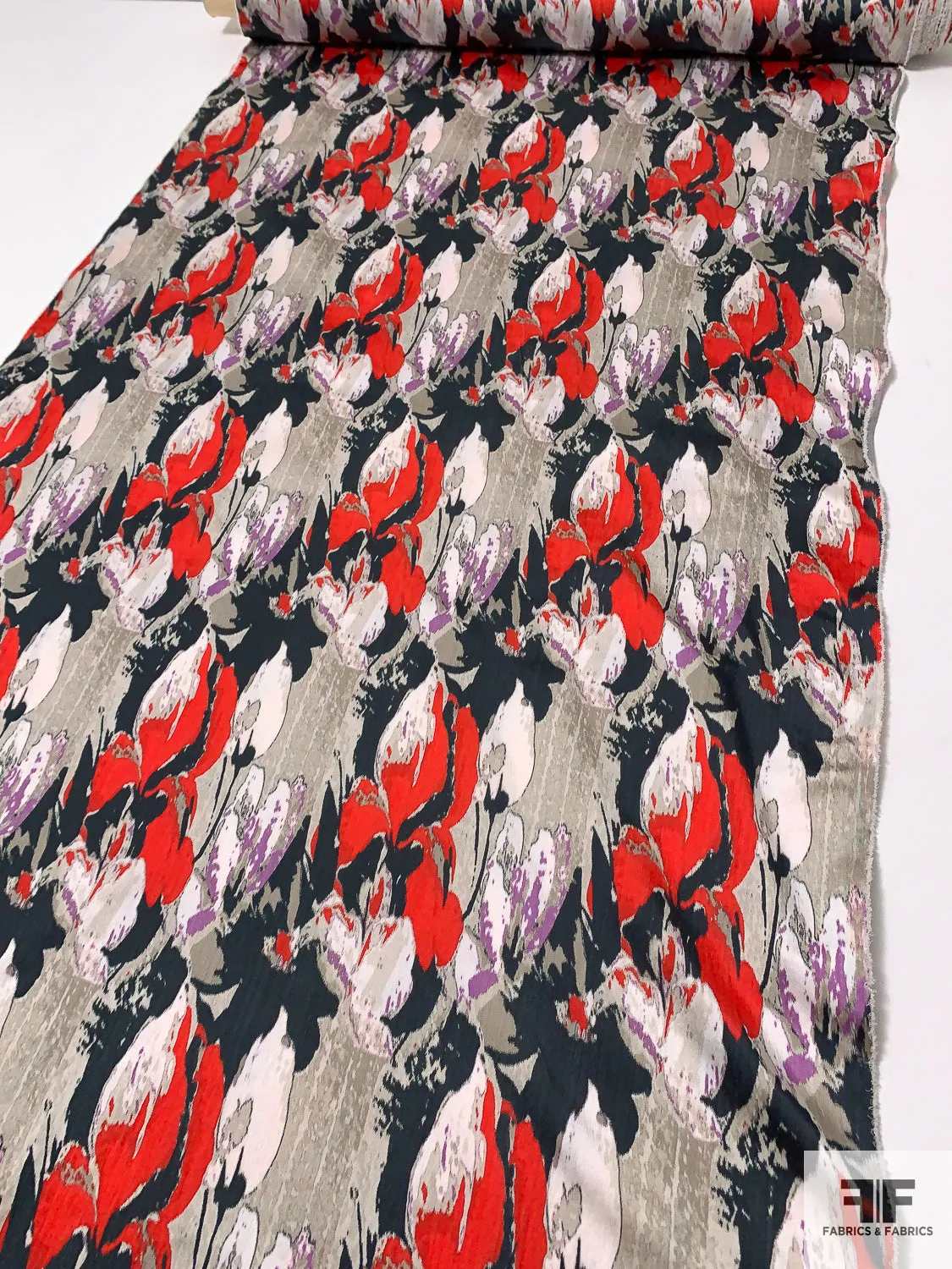 Abstract Painterly Printed Poly-Cotton Blend Stretch Sateen - Red / Navy / Violet / Grey / White