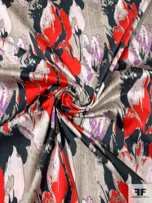 Abstract Painterly Printed Poly-Cotton Blend Stretch Sateen - Red / Navy / Violet / Grey / White