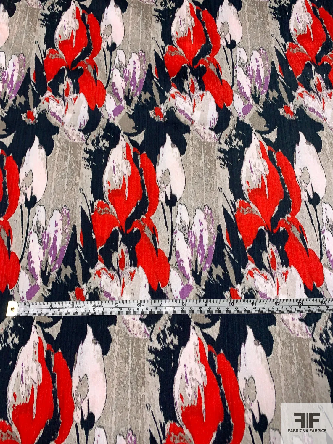 Abstract Painterly Printed Poly-Cotton Blend Stretch Sateen - Red / Navy / Violet / Grey / White