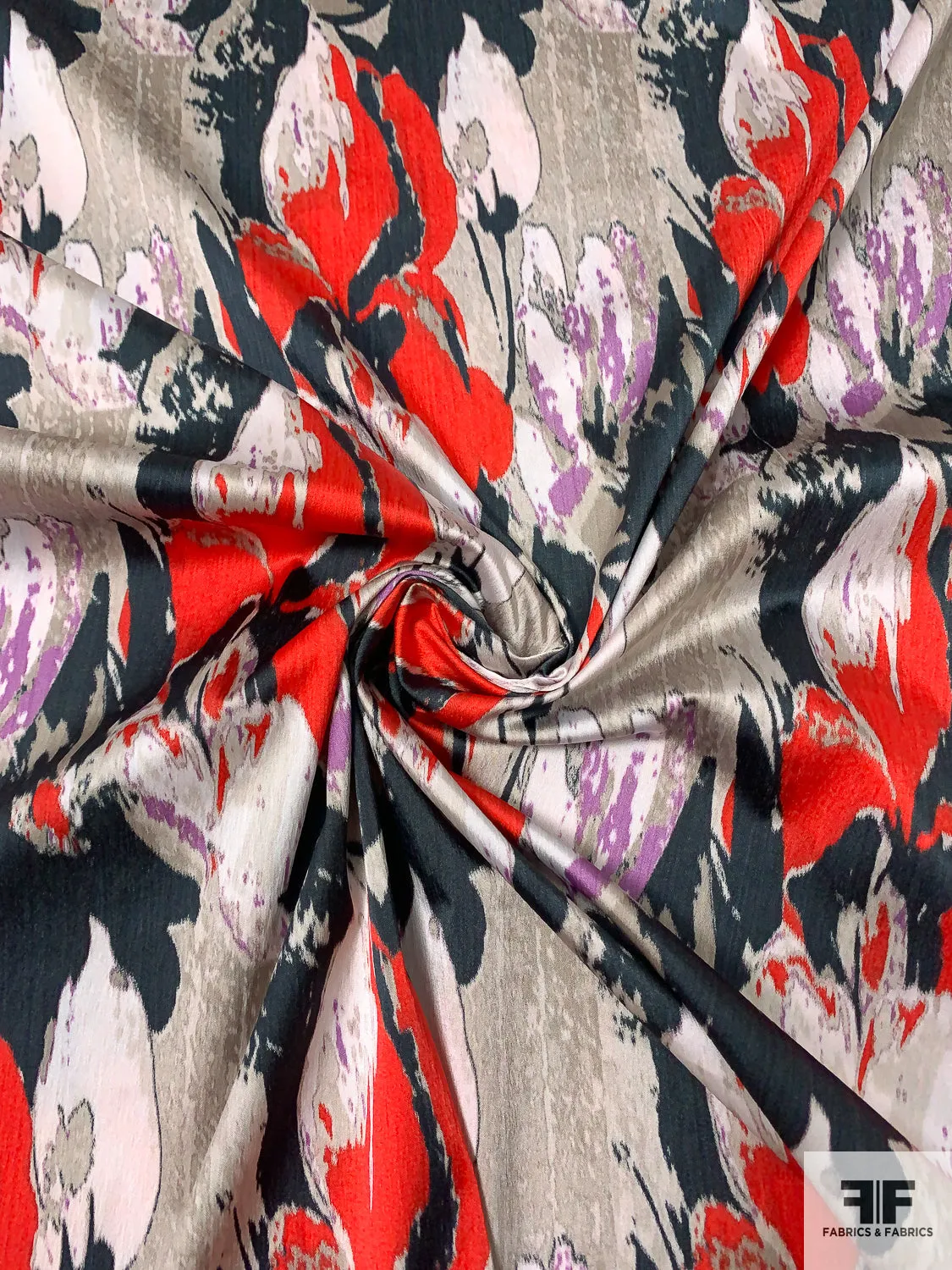 Abstract Painterly Printed Poly-Cotton Blend Stretch Sateen - Red / Navy / Violet / Grey / White