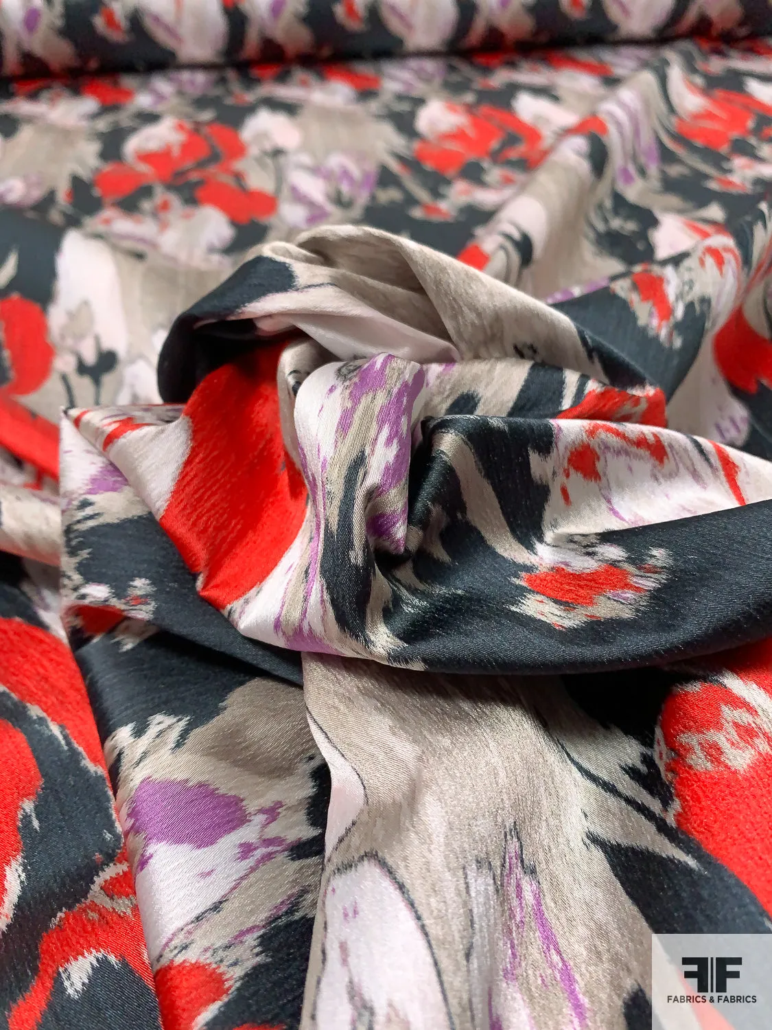 Abstract Painterly Printed Poly-Cotton Blend Stretch Sateen - Red / Navy / Violet / Grey / White