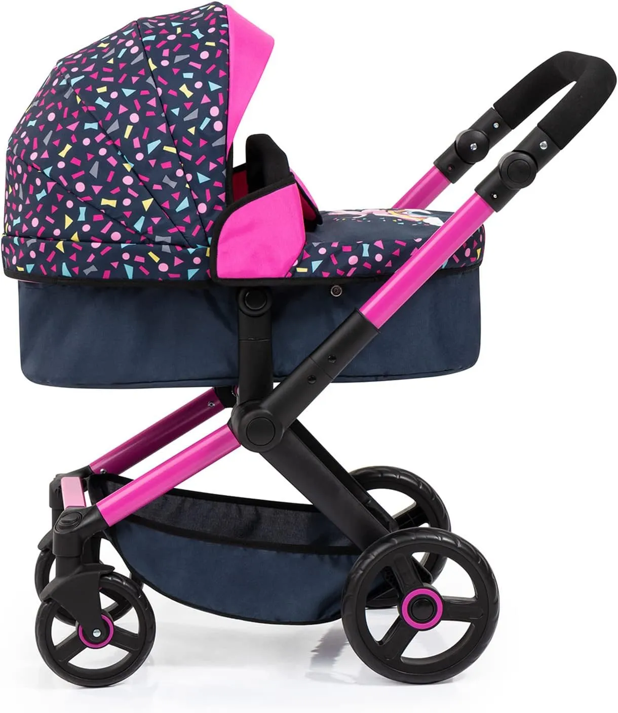 Adjustable Combi Doll Pram with Bag, 46 cm Capacity, Black/Pink