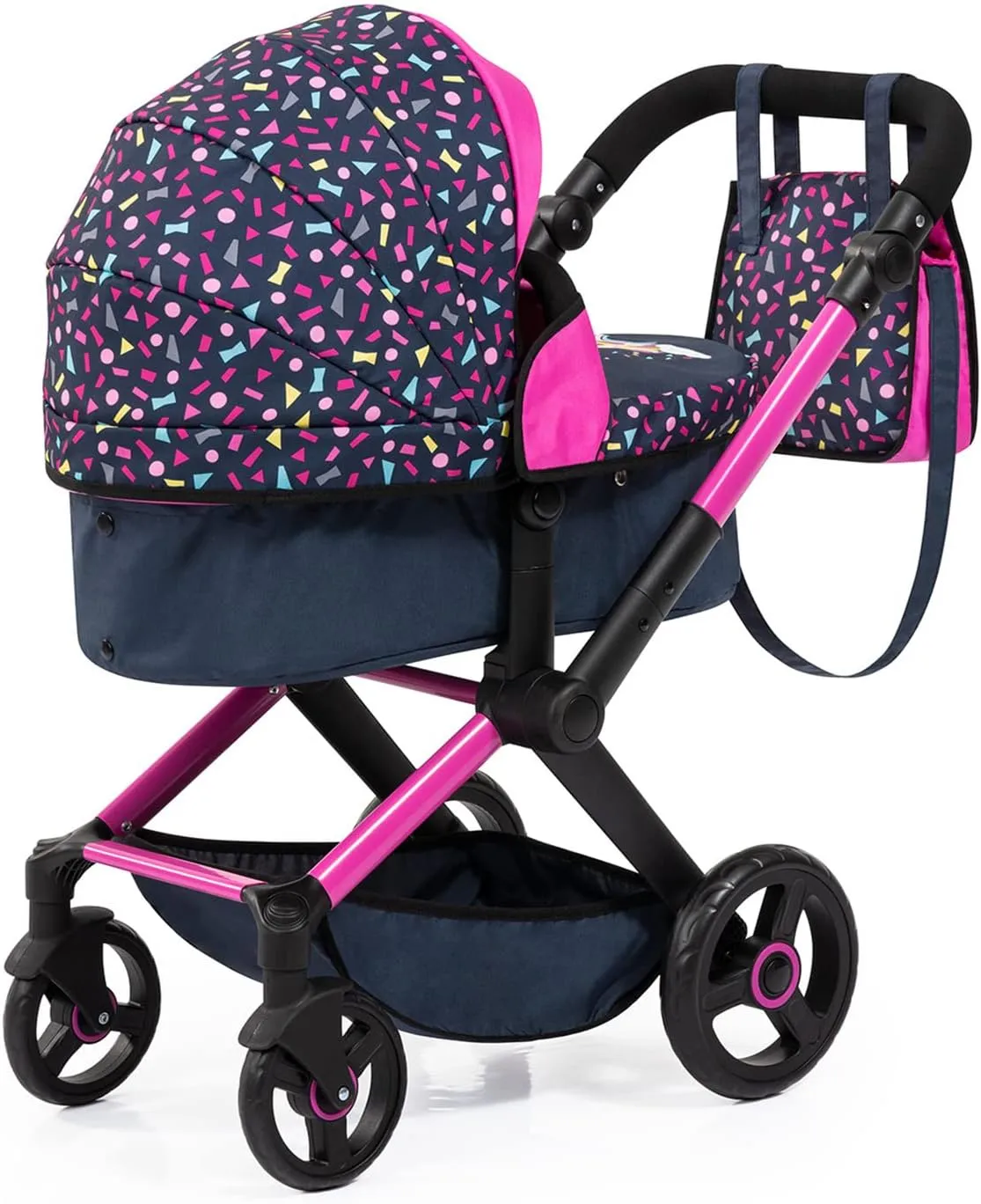 Adjustable Combi Doll Pram with Bag, 46 cm Capacity, Black/Pink