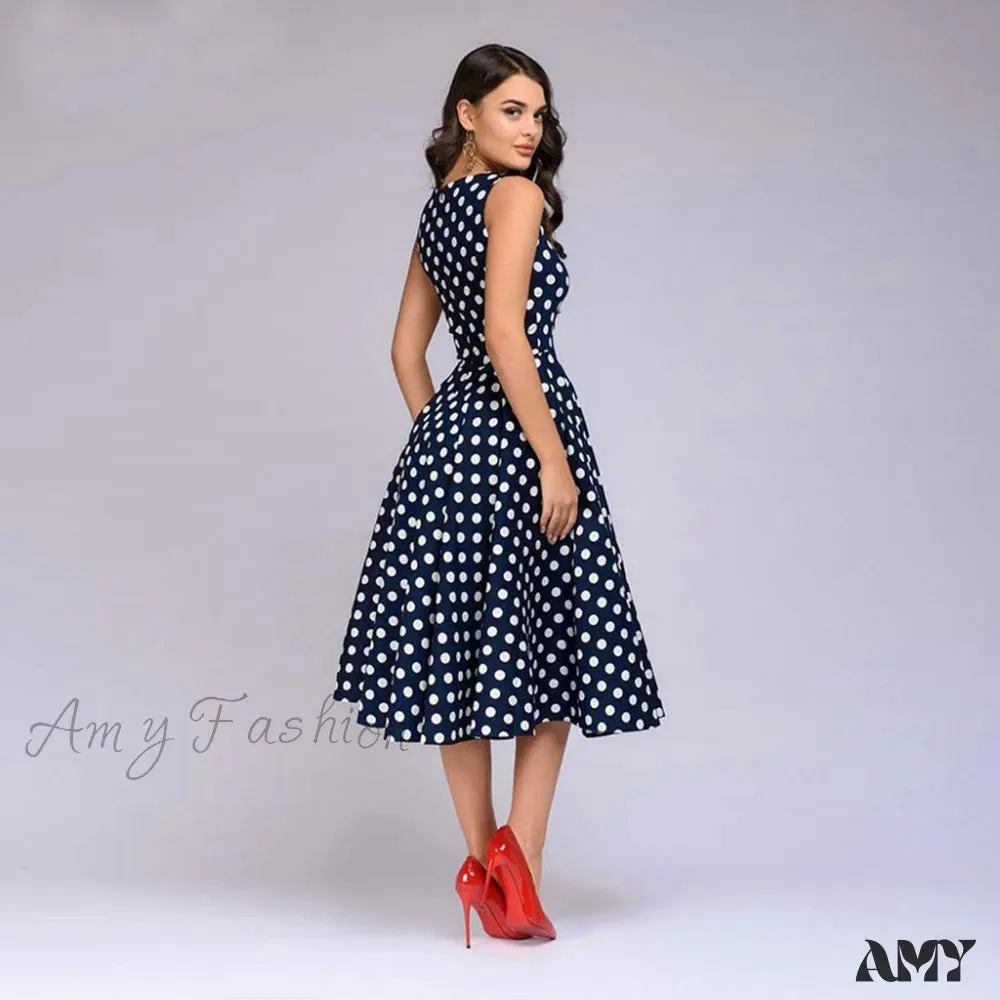 Amy Fashion - Elegant Polka Dot Print Flared Sleeveless Dress