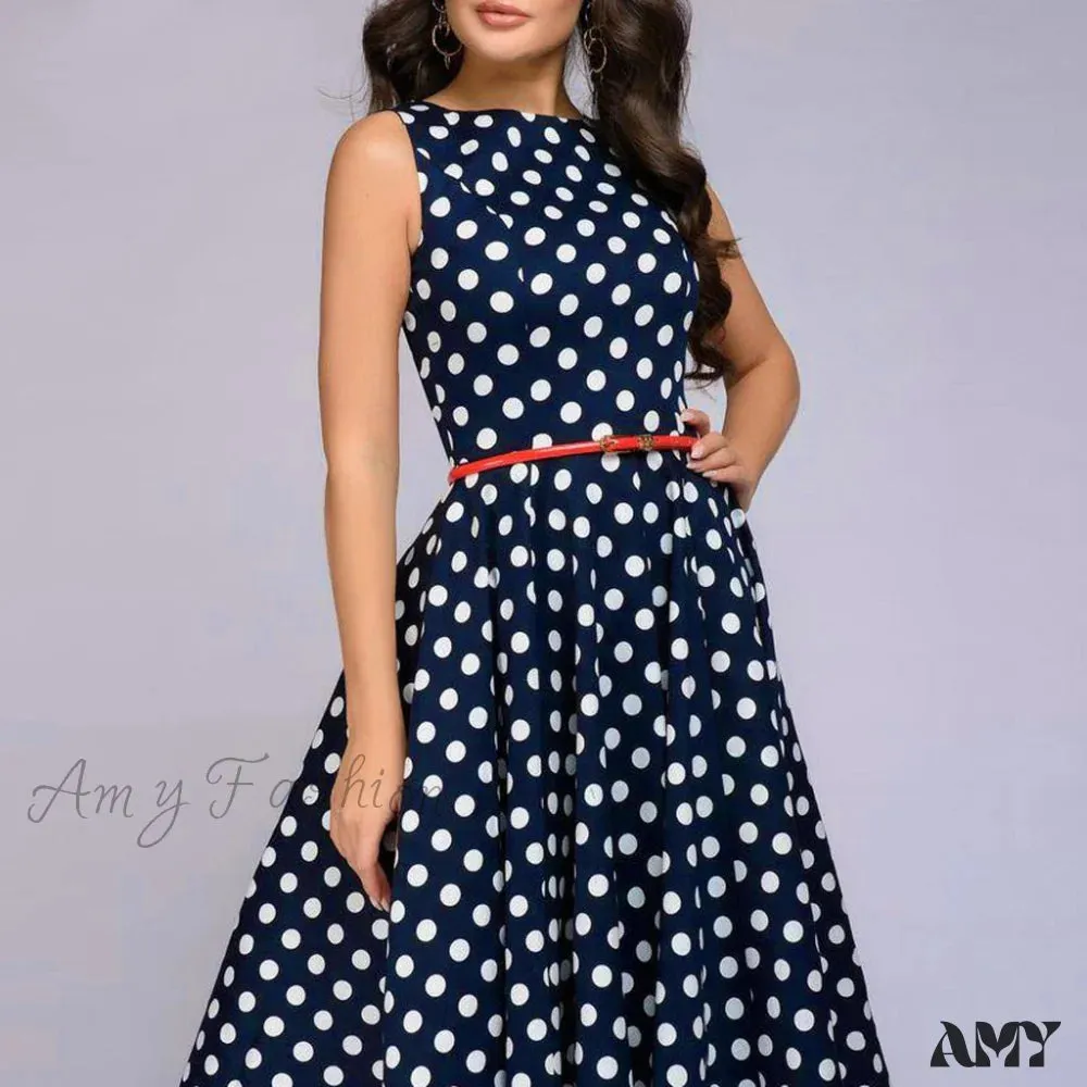 Amy Fashion - Elegant Polka Dot Print Flared Sleeveless Dress