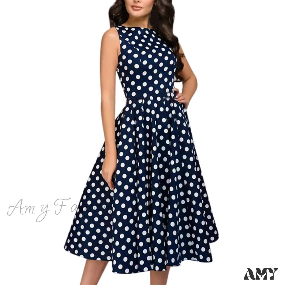 Amy Fashion - Elegant Polka Dot Print Flared Sleeveless Dress