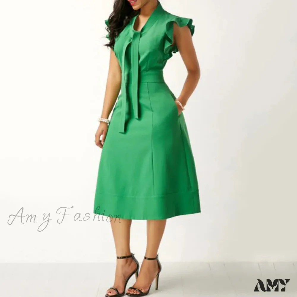 Amy Fashion - Fashion Solid Color Tie Ruffled Fly Sleeve Slim Midi Dress