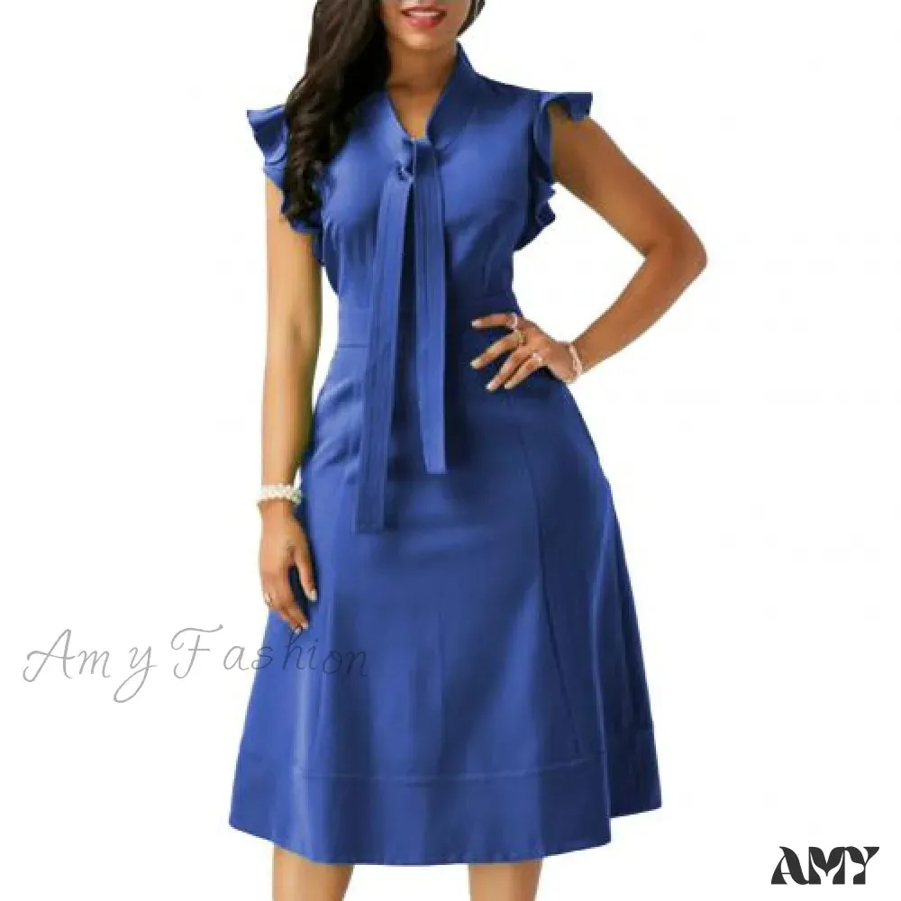 Amy Fashion - Fashion Solid Color Tie Ruffled Fly Sleeve Slim Midi Dress