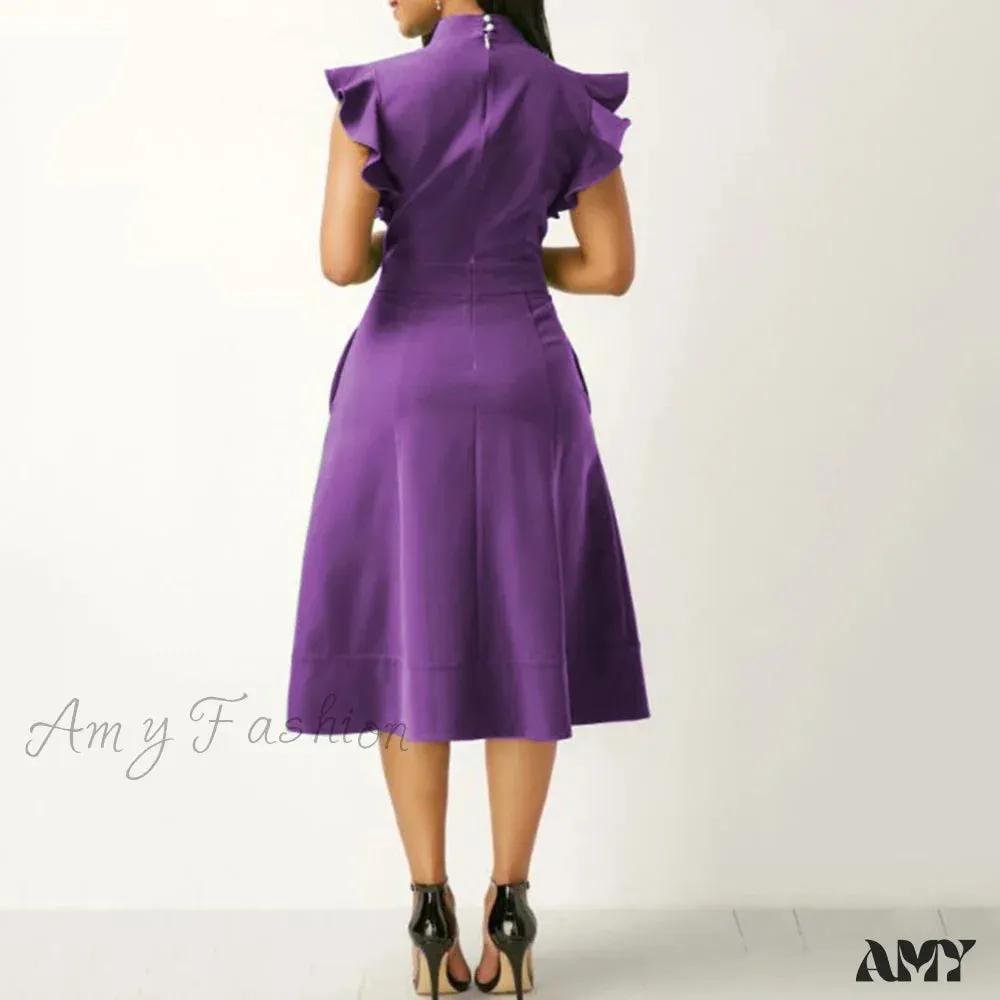 Amy Fashion - Fashion Solid Color Tie Ruffled Fly Sleeve Slim Midi Dress