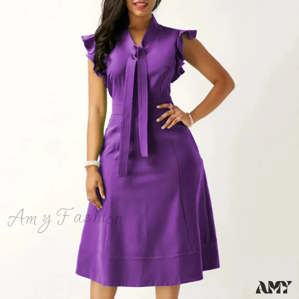 Amy Fashion - Fashion Solid Color Tie Ruffled Fly Sleeve Slim Midi Dress