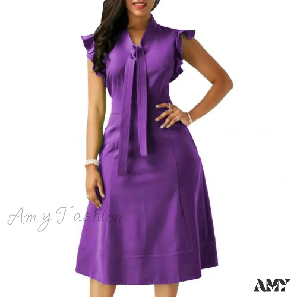 Amy Fashion - Fashion Solid Color Tie Ruffled Fly Sleeve Slim Midi Dress