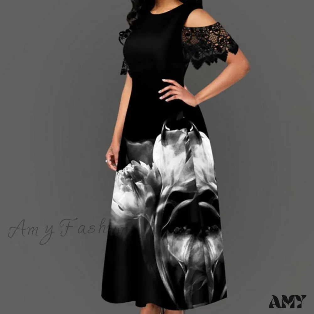 Amy Fashion - Floral Print Lace Summer Slim-fitting Long Dress