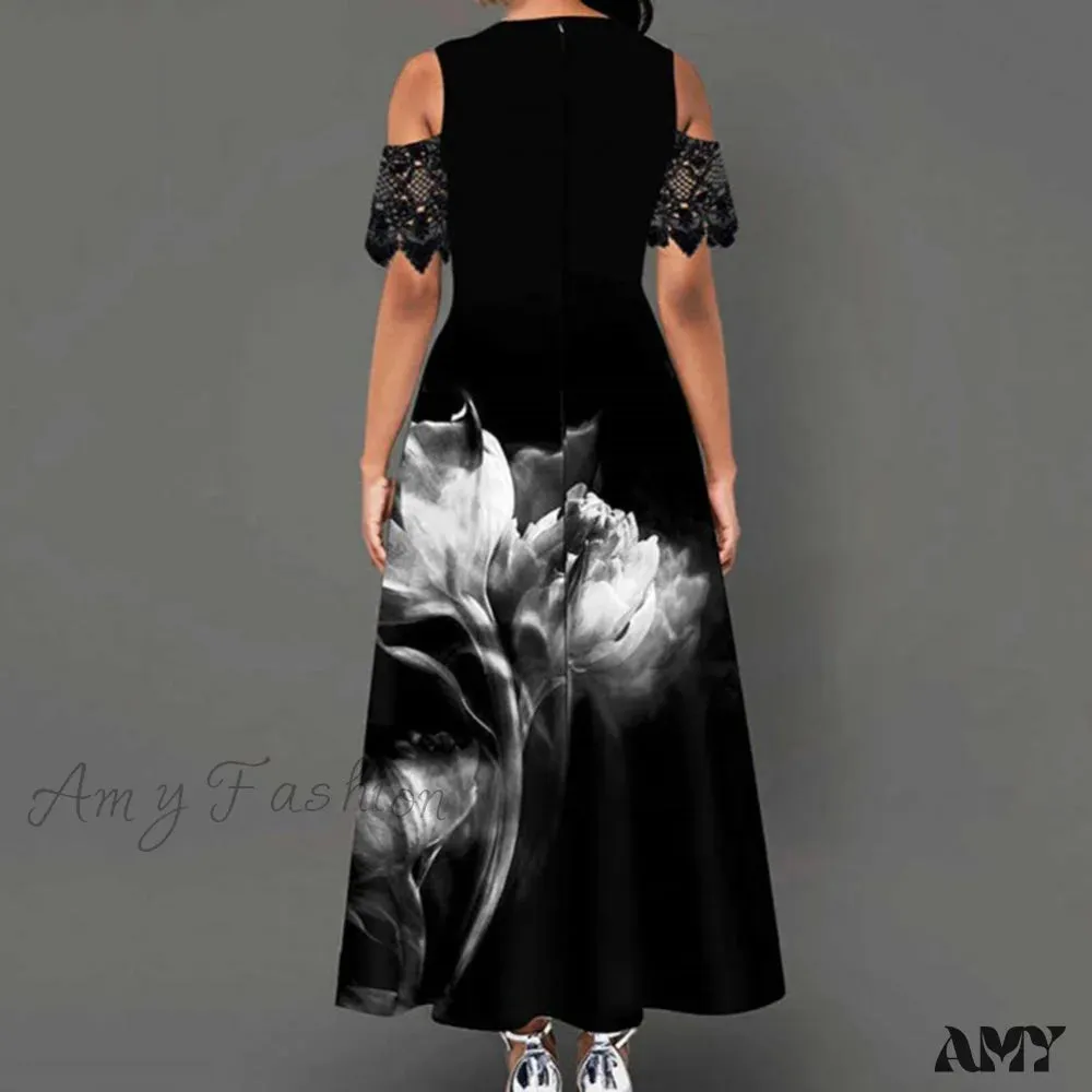 Amy Fashion - Floral Print Lace Summer Slim-fitting Long Dress