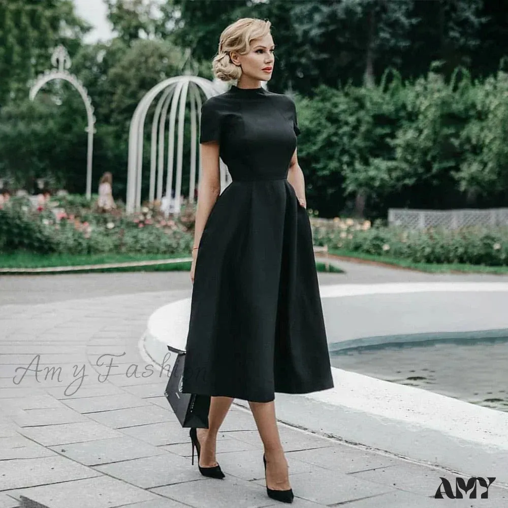 Amy Fashion - Half High Collar High Waist A-Line Dresses Slim Fit Midi Dress