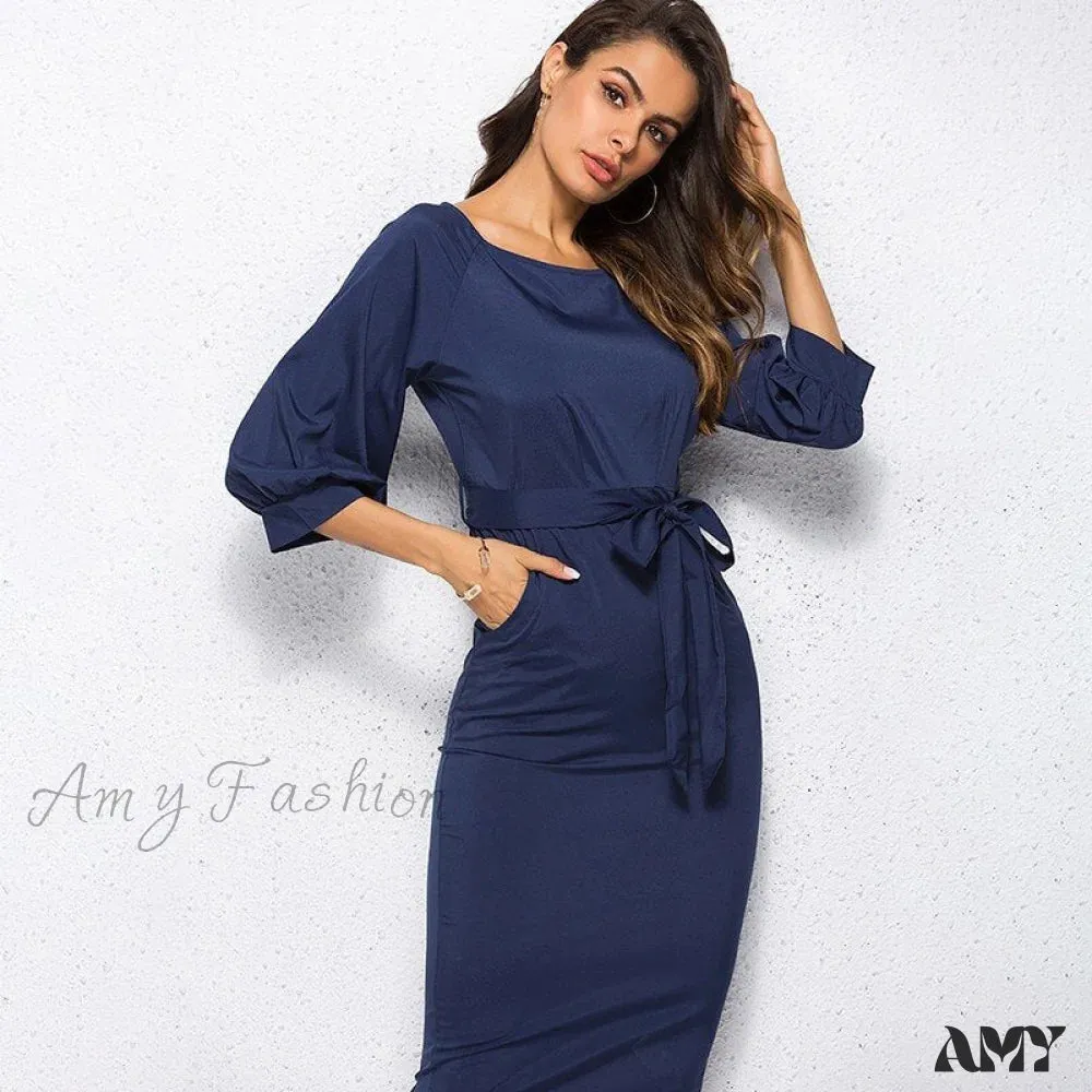 Amy Fashion - Office Lady Mid-Calf Pencil Dress With Sashes Lantern Sleeve