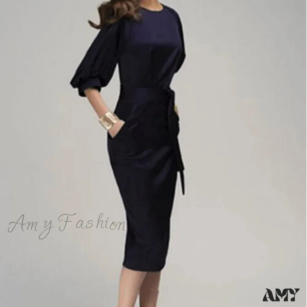 Amy Fashion - Office Lady Mid-Calf Pencil Dress With Sashes Lantern Sleeve