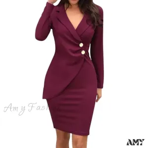 Amy Fashion - Office Women Buttons Slim Zipper Bodycon Suit Dress