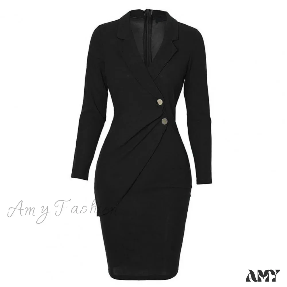 Amy Fashion - Office Women Buttons Slim Zipper Bodycon Suit Dress