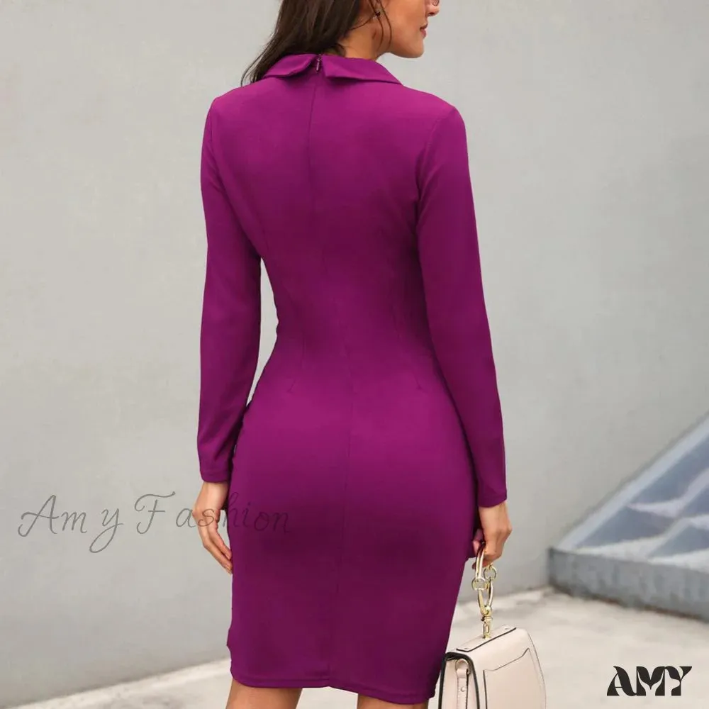 Amy Fashion - Office Women Buttons Slim Zipper Bodycon Suit Dress