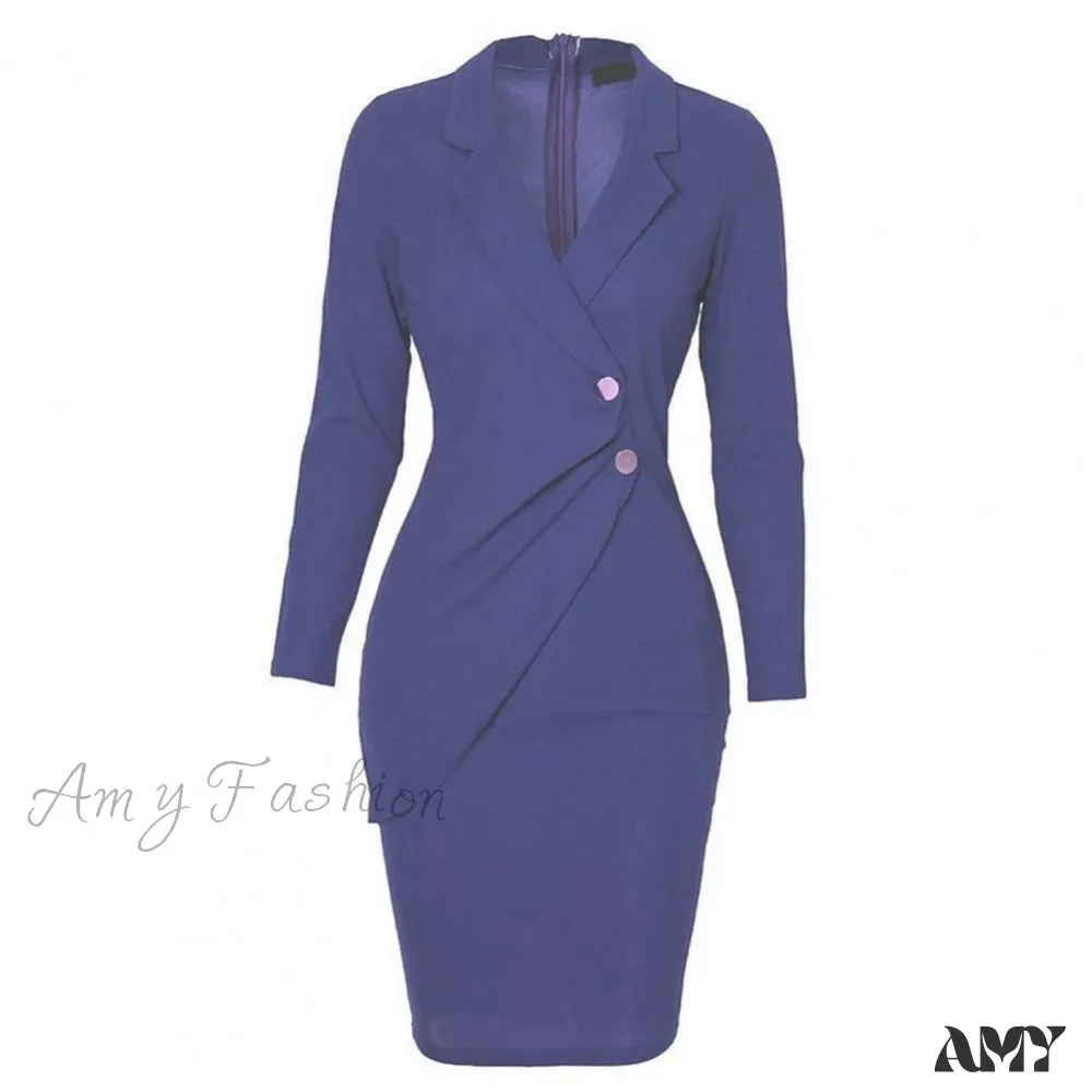 Amy Fashion - Office Women Buttons Slim Zipper Bodycon Suit Dress