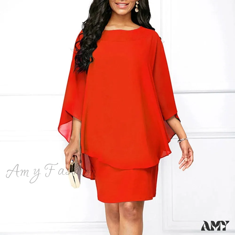 Amy Fashion - Solid Color O-Neck Casual Loose Plus Size Dress