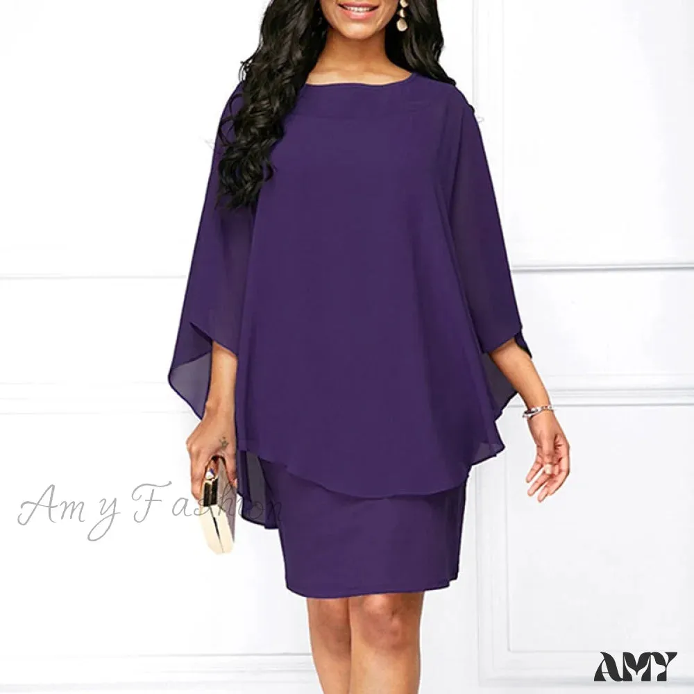 Amy Fashion - Solid Color O-Neck Casual Loose Plus Size Dress