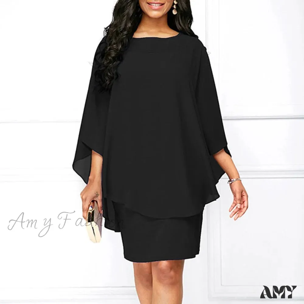 Amy Fashion - Solid Color O-Neck Casual Loose Plus Size Dress