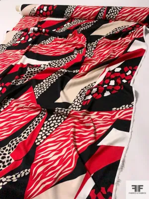 Animal Pattern Geo-Collage Stretch Rayon Cotton Poplin - Red / Black / Beige / Ivory