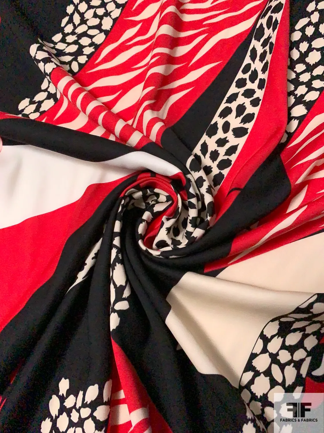 Animal Pattern Geo-Collage Stretch Rayon Cotton Poplin - Red / Black / Beige / Ivory