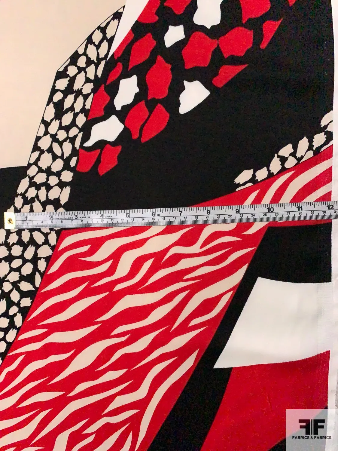 Animal Pattern Geo-Collage Stretch Rayon Cotton Poplin - Red / Black / Beige / Ivory