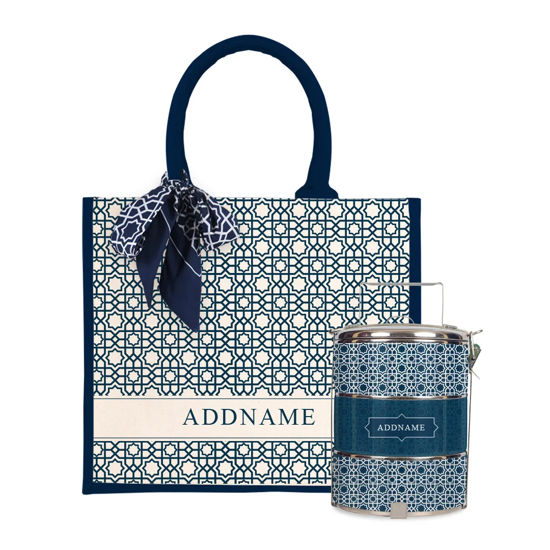 Annas Series - Prussian Blue Half Lining Jute Bag with Tiffin Carrier