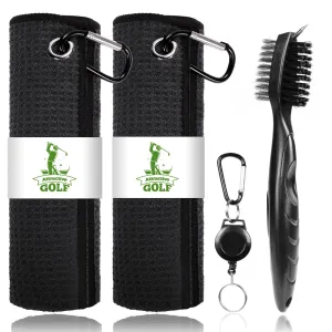 ATTRACTIVE Golf Towels, Microfiber Waffle Pattern Towels - Golf Club Brush with Cleaning (2 Black Towel Black Brush)