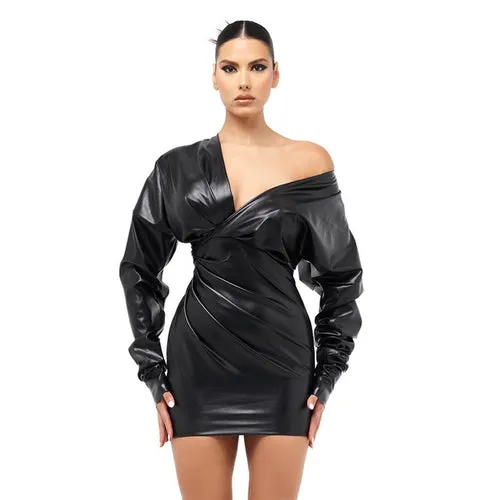 Autumn Winter Women Clothing Fashionable Elegant Faux Leather Deep V