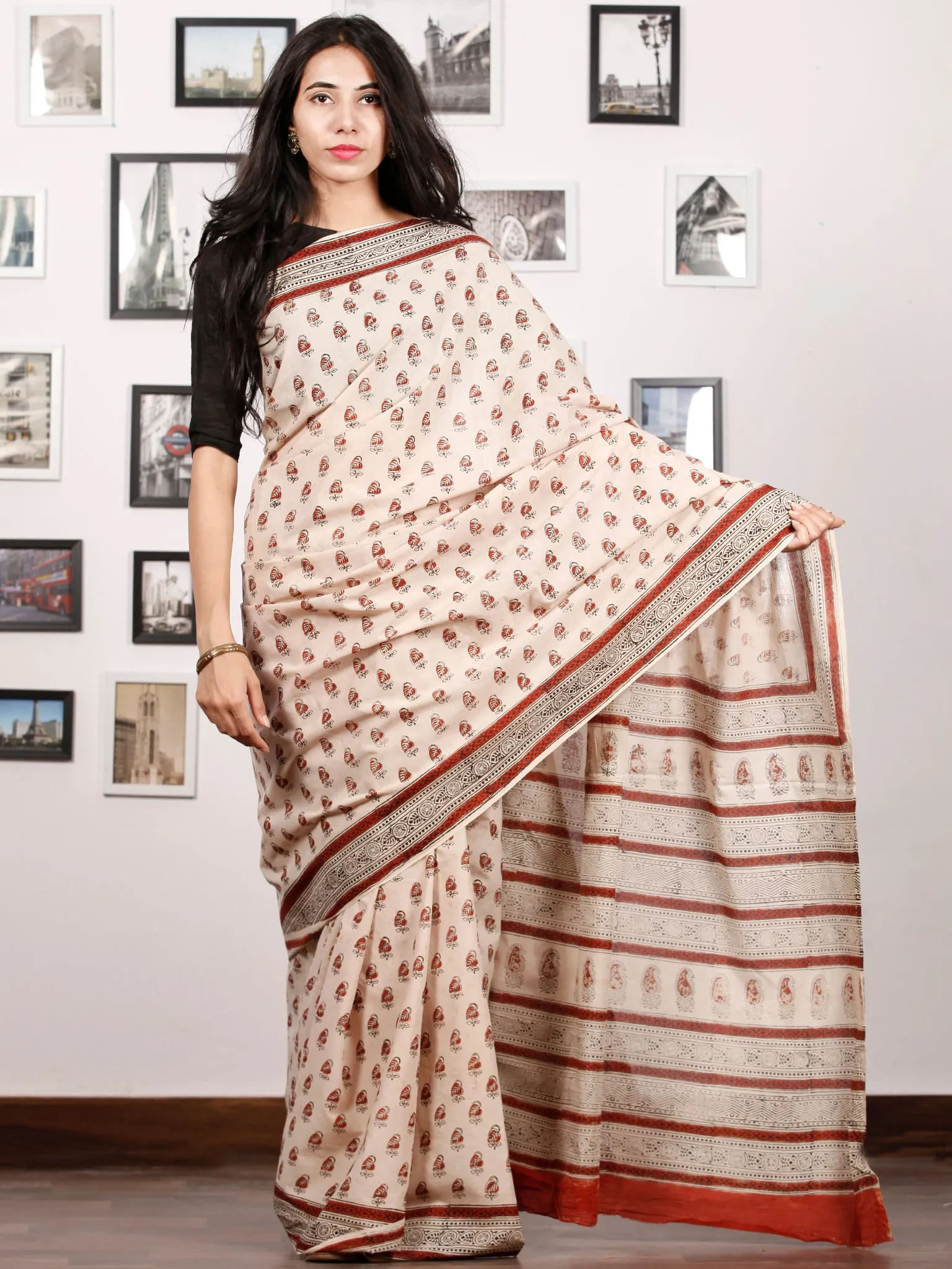 Beige Rust Black Hand Block Printed in Natural Colors Cotton Mul Saree - S031702916