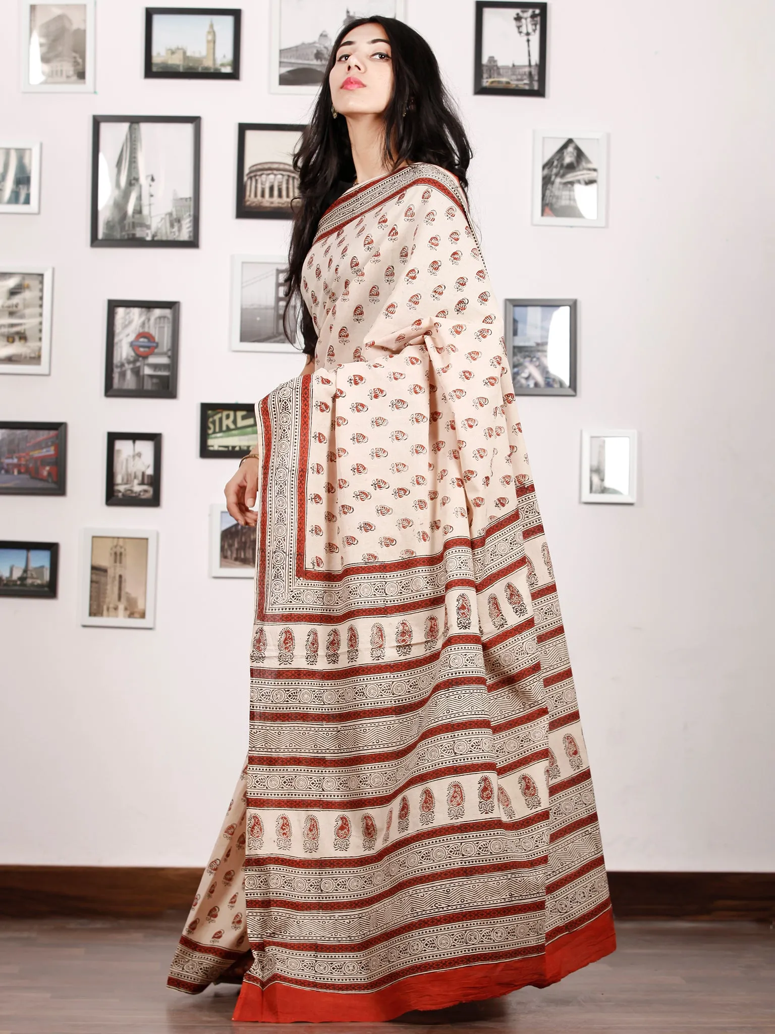 Beige Rust Black Hand Block Printed in Natural Colors Cotton Mul Saree - S031702916