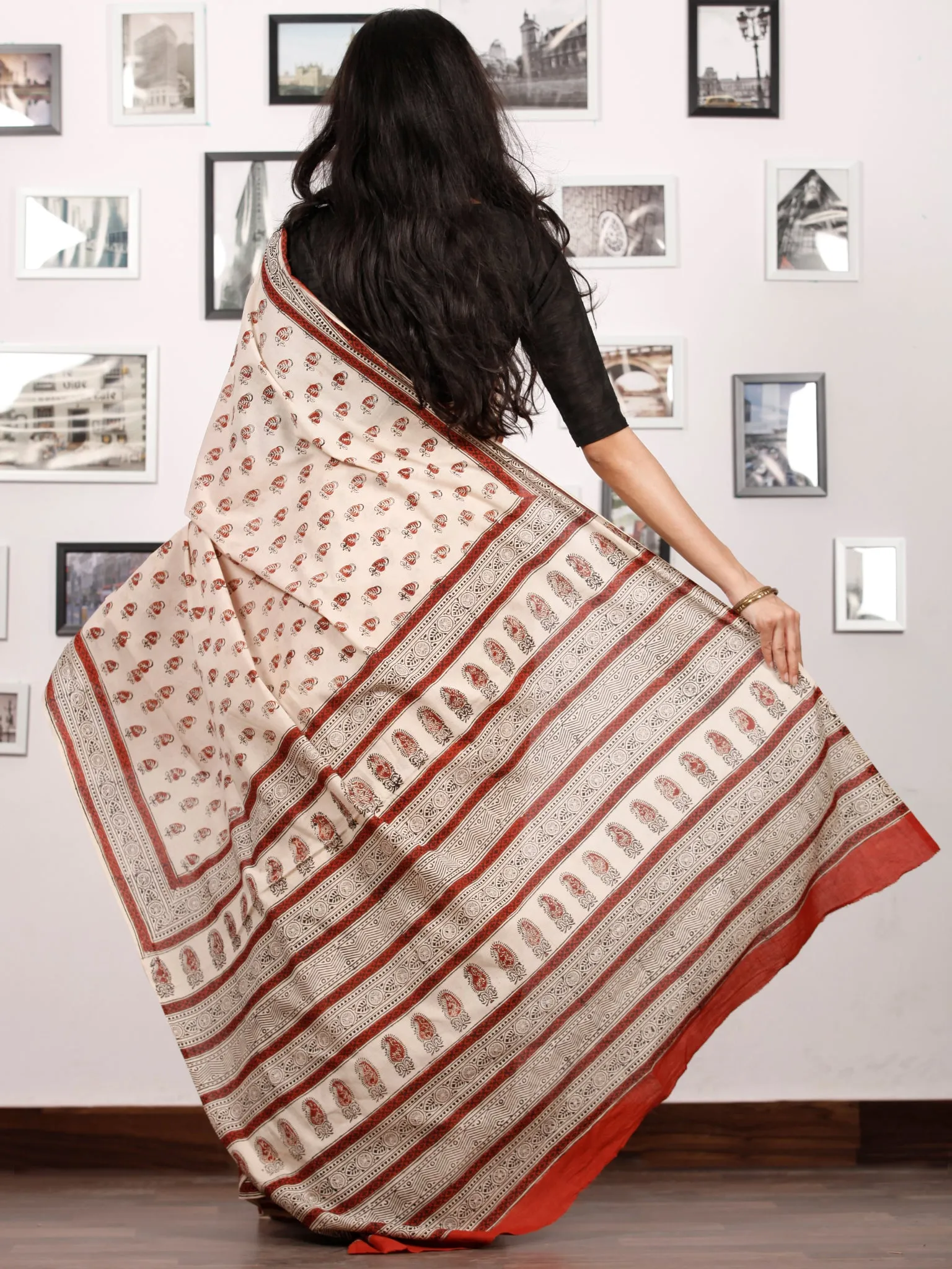 Beige Rust Black Hand Block Printed in Natural Colors Cotton Mul Saree - S031702916