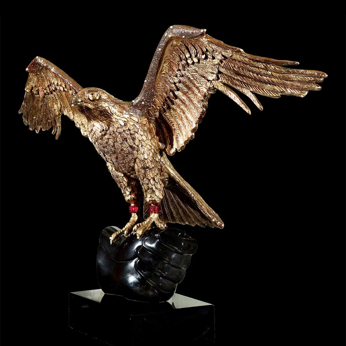 Brilliant Falcon - Golden bronze sculpture with Swarovski crystals and marble base