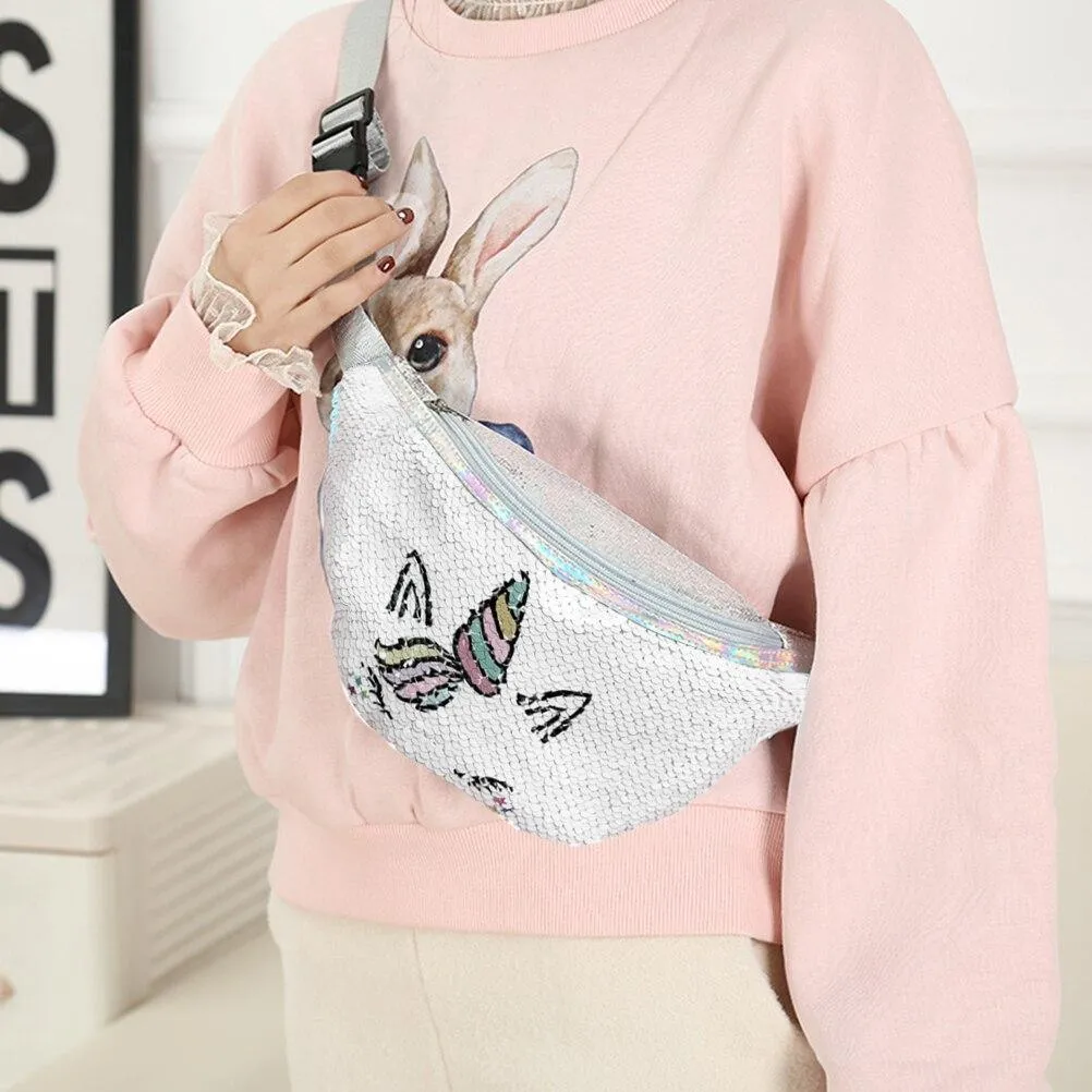 Casual Adjustable Girls' Sequins Waist Bag With Cartoon Unicorn Shape For Sports Travel