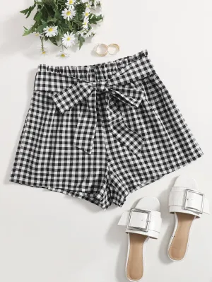 Casual Gingham Paper Bag Waist High Waist Women Shorts