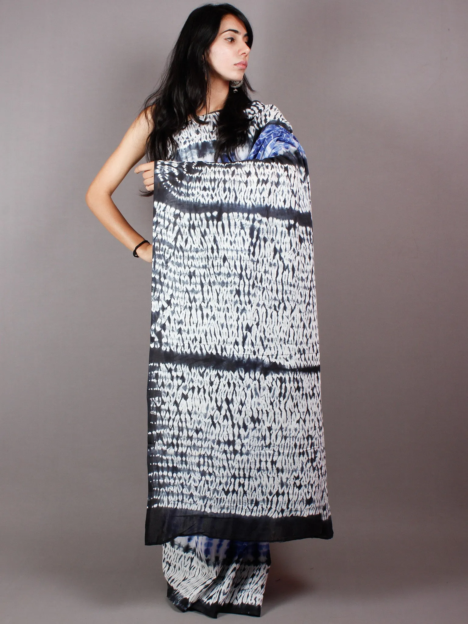 Cobalt Blue Black White Hand Dyed Cotton Mul Saree  - S03170461