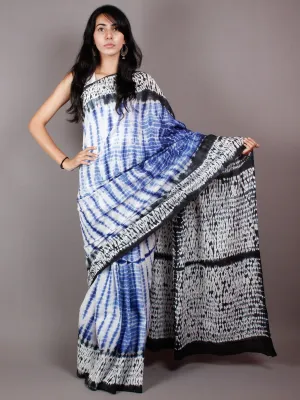 Cobalt Blue Black White Hand Dyed Cotton Mul Saree  - S03170461